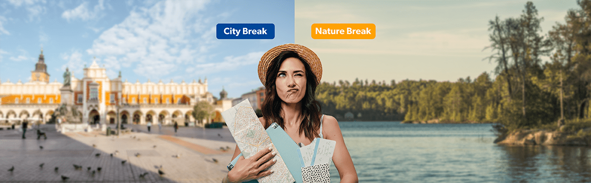 engraving depicting a woman against a background of two photographs of a seaside beach and a city skyline
