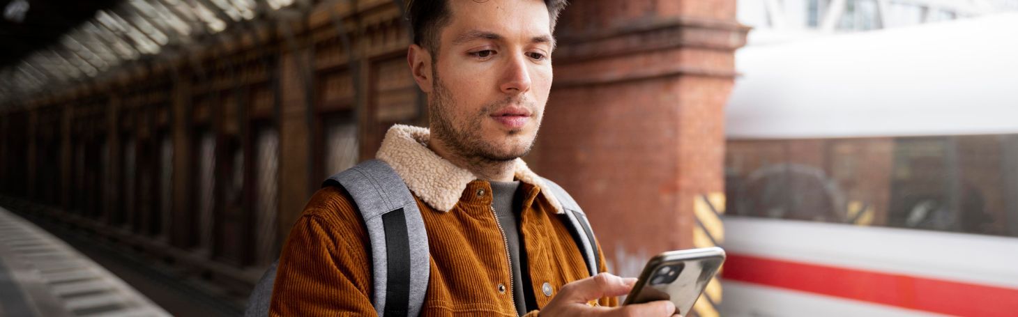 Man with phone at railway station