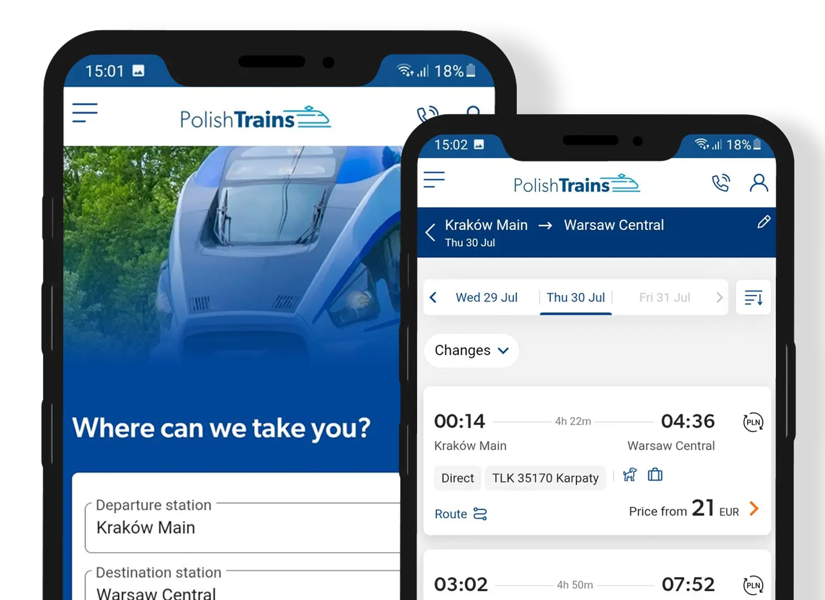 PolishTrains mobile app screens: connection search and IC ticket booking view