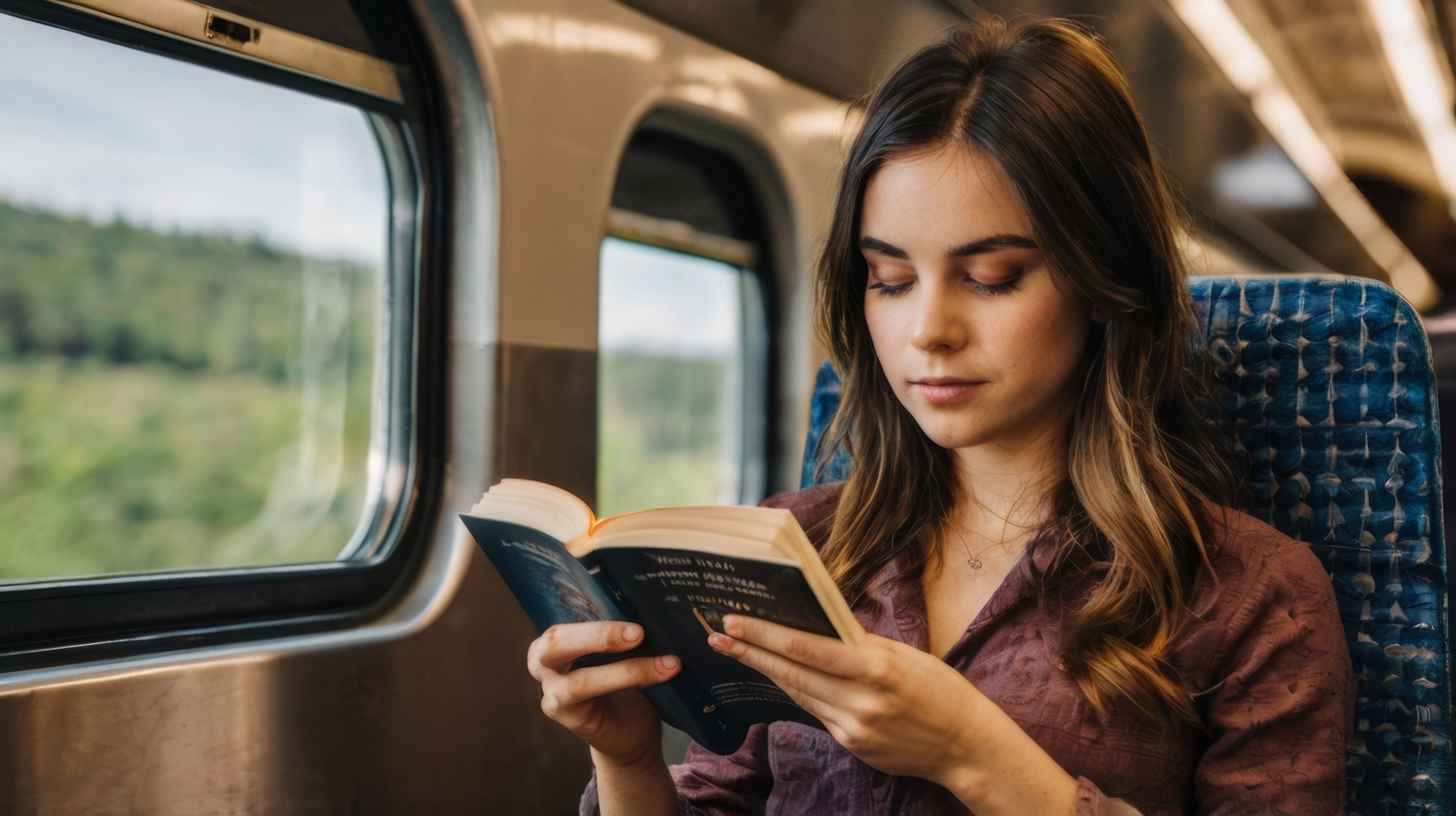 Woman reading a book on a train