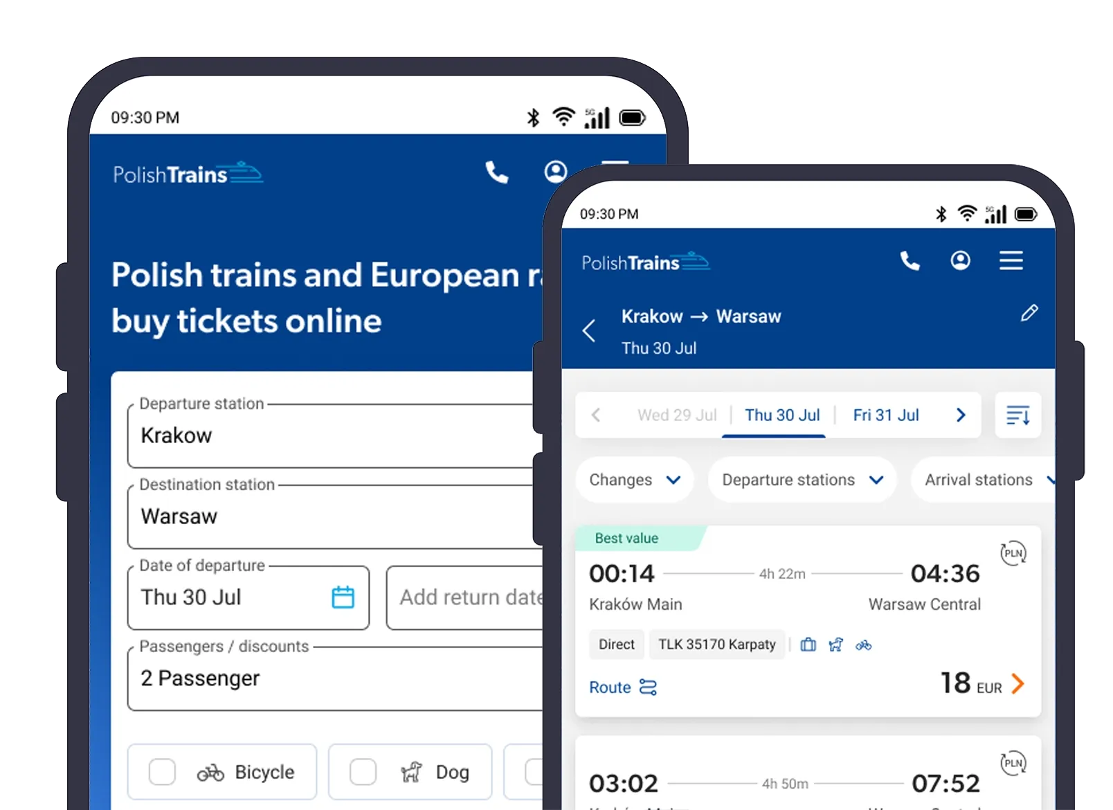 PolishTrains mobile app screens: connection search and IC ticket booking view