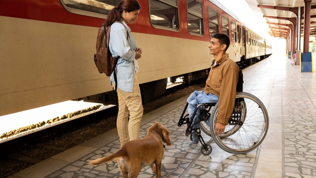 Compartment car Man in wheelchair and woman by the train
